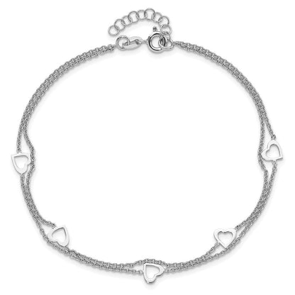 Sterlingsilber Rhodiniert 2-strand 9 in Plus 1 Zoll Verlängerung. Herz Fußkettchen