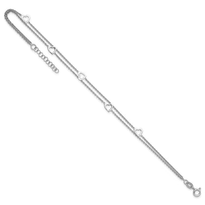 Sterlingsilber Rhodiniert 2-strand 9 in Plus 1 Zoll Verlängerung. Herz Fußkettchen