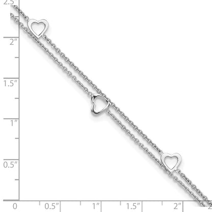 Sterlingsilber Rhodiniert 2-strand 9 in Plus 1 Zoll Verlängerung. Herz Fußkettchen