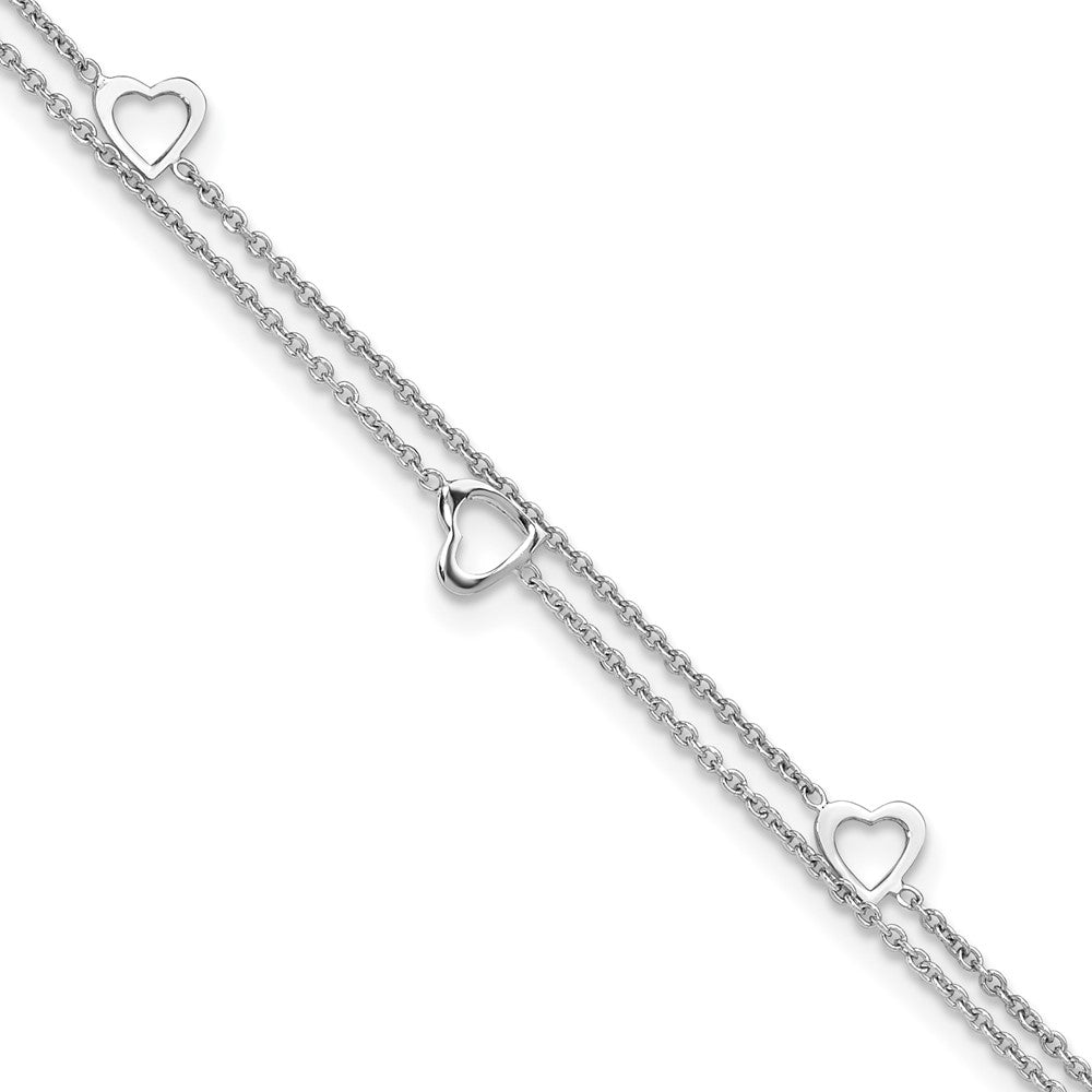 Sterlingsilber Rhodiniert 2-strand 9 in Plus 1 Zoll Verlängerung. Herz Fußkettchen