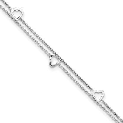 Sterlingsilber Rhodiniert 2-strand 9 in Plus 1 Zoll Verlängerung. Herz Fußkettchen