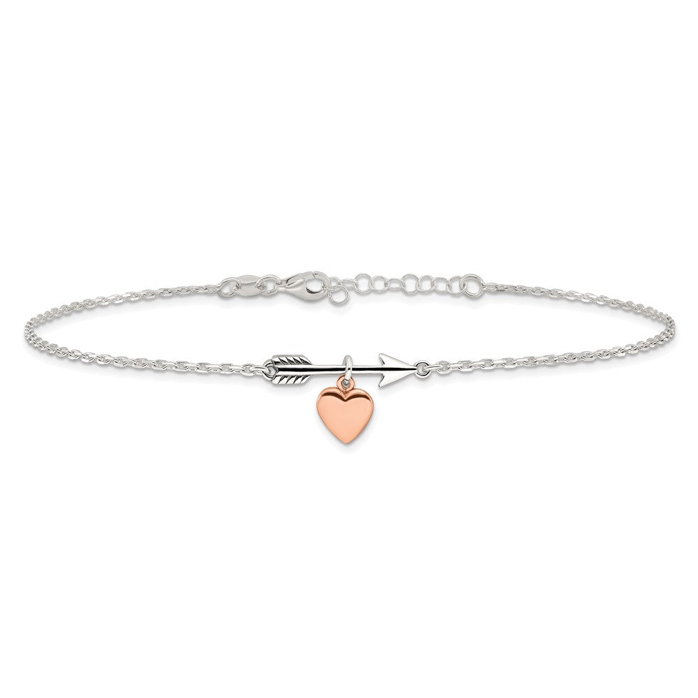 Sterlingsilber Pfeil mit Roséfarben Herz 10 Zoll Plus 1 Zoll Verlängerung Fußkettchen