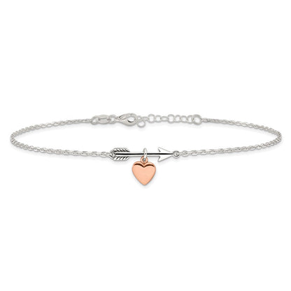 Sterlingsilber Pfeil mit Roséfarben Herz 10 Zoll Plus 1 Zoll Verlängerung Fußkettchen