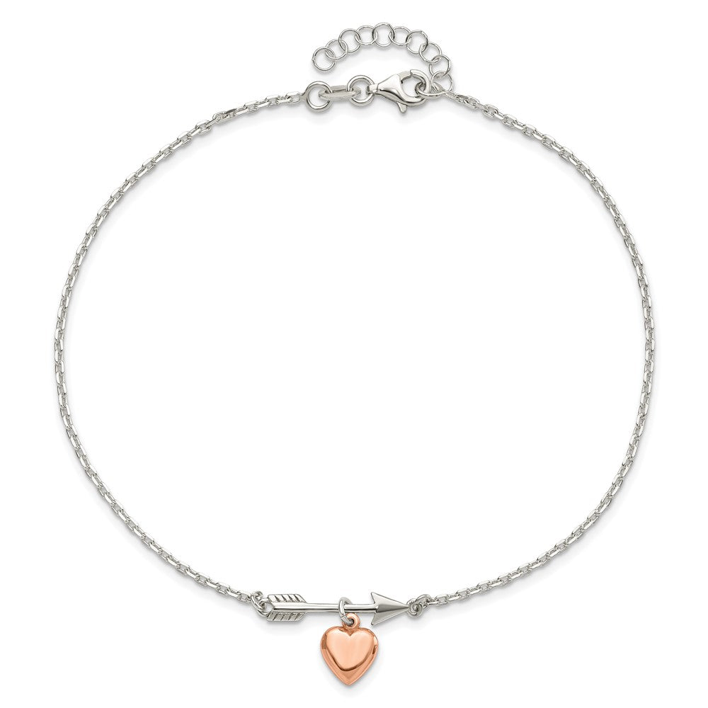 Sterlingsilber Pfeil mit Roséfarben Herz 10 Zoll Plus 1 Zoll Verlängerung Fußkettchen