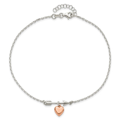 Sterlingsilber Pfeil mit Roséfarben Herz 10 Zoll Plus 1 Zoll Verlängerung Fußkettchen
