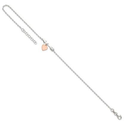 Sterlingsilber Pfeil mit Roséfarben Herz 10 Zoll Plus 1 Zoll Verlängerung Fußkettchen