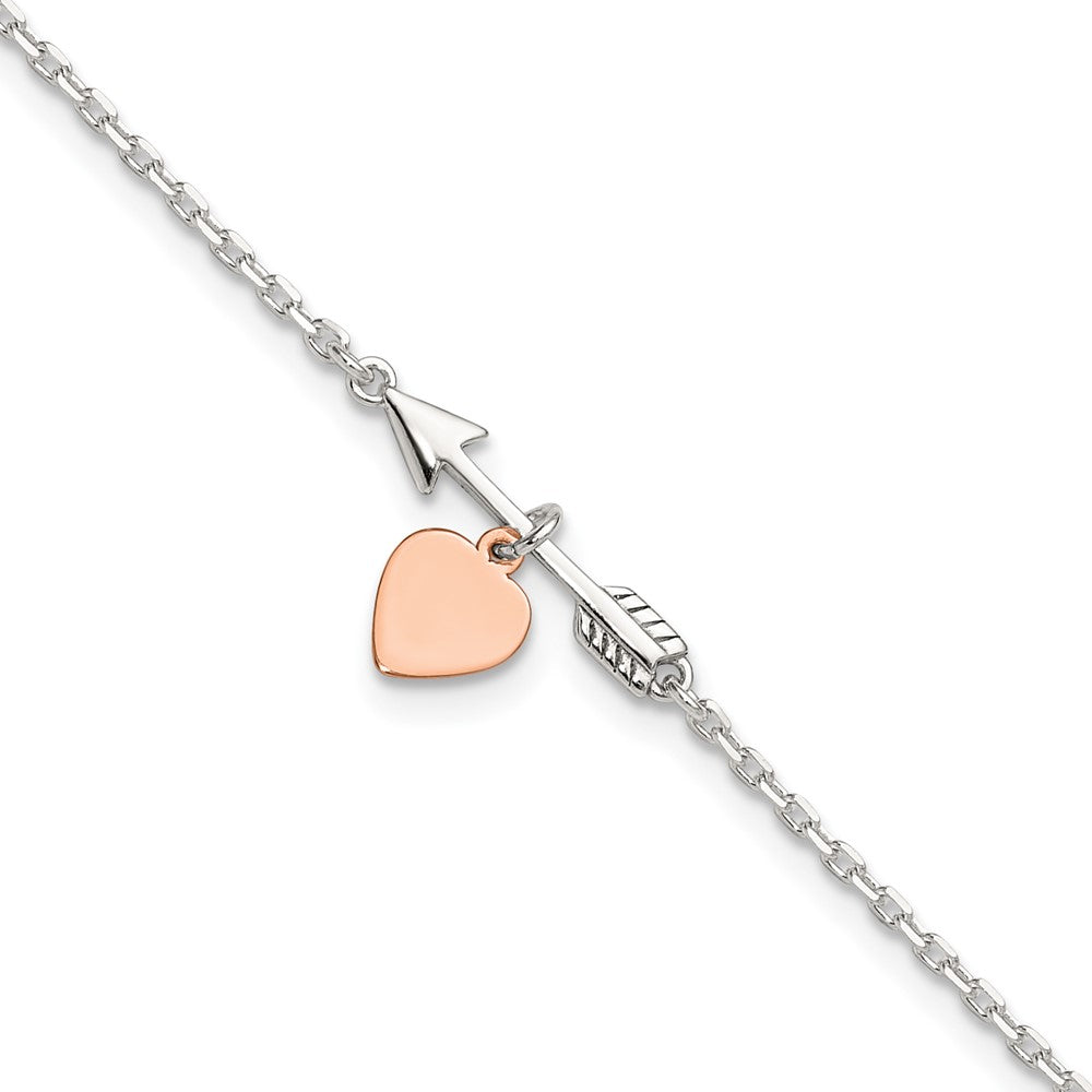 Sterlingsilber Pfeil mit Roséfarben Herz 10 Zoll Plus 1 Zoll Verlängerung Fußkettchen