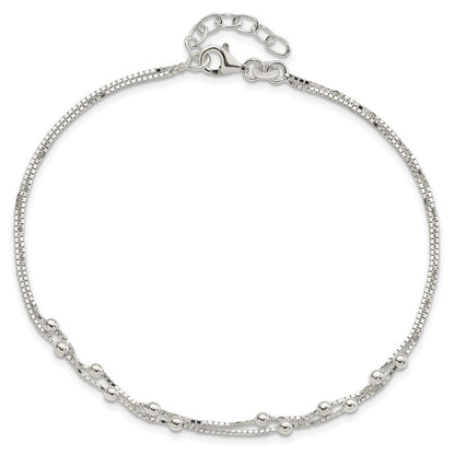 Sterlingsilber Poliert Gekugelt 2-strand 9 Zoll Plus 1 Verlängerung. Fußkettchen