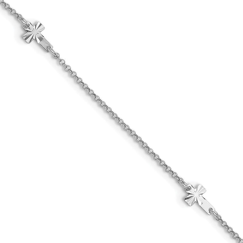 Sterlingsilber Rhodiniert Diamantiert Crosses 9 Zoll Plus 1 Zoll Verlängerung. Fußkettchen