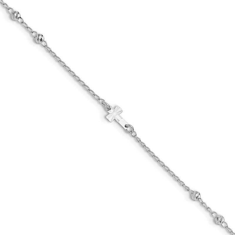Sterlingsilber Rhodiniert Diamantiert Perlen 9 Zoll Plus 1 Zoll Verlängerung. Kreuz Ankle