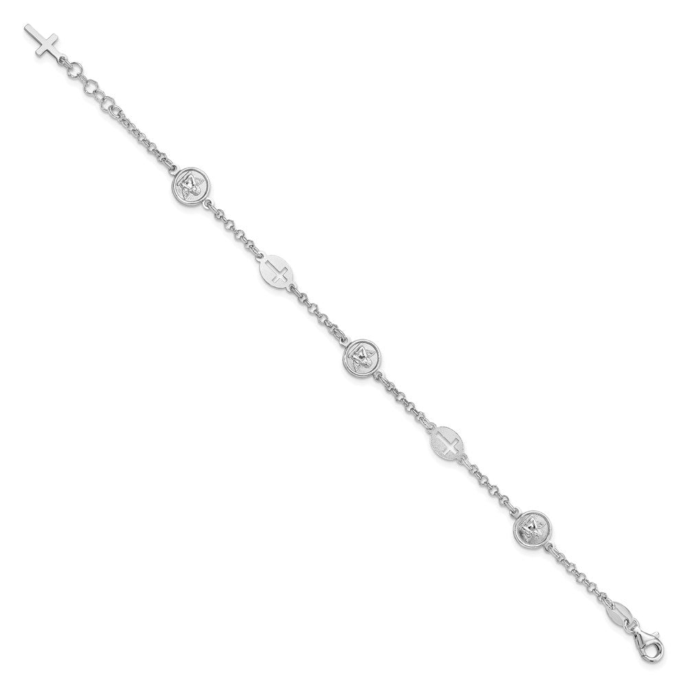 7.5 Zoll Sterlingsilber Rhodiniert Kreuz und Engel Armband