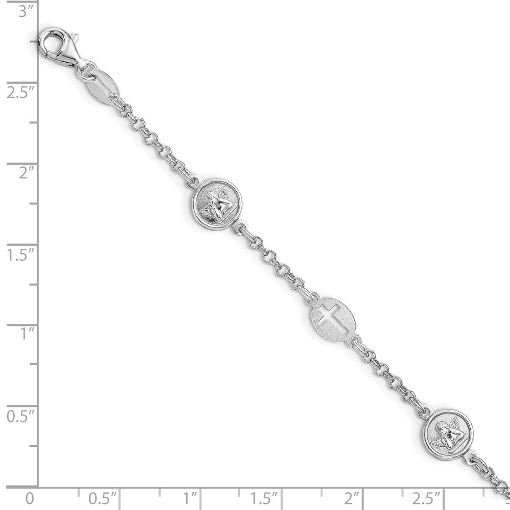 7.5 Zoll Sterlingsilber Rhodiniert Kreuz und Engel Armband