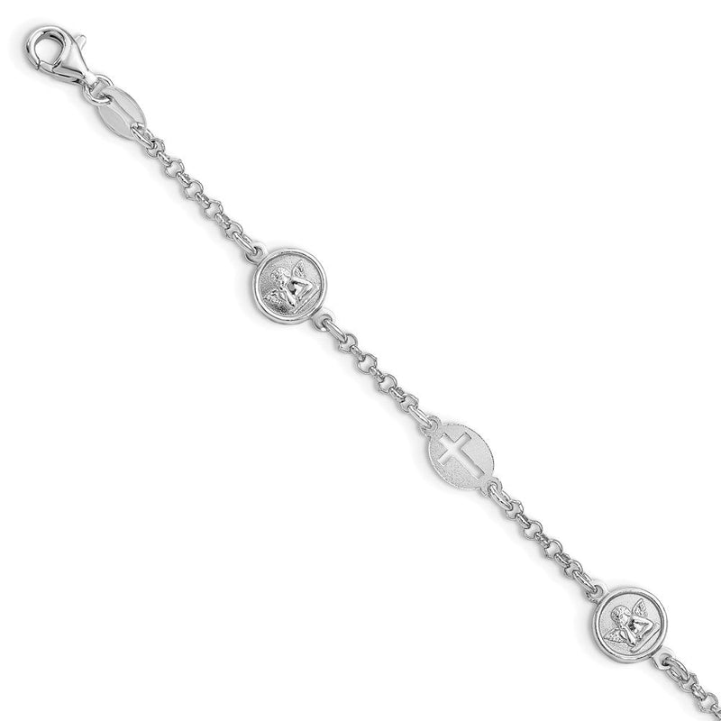 7.5 Zoll Sterlingsilber Rhodiniert Kreuz und Engel Armband