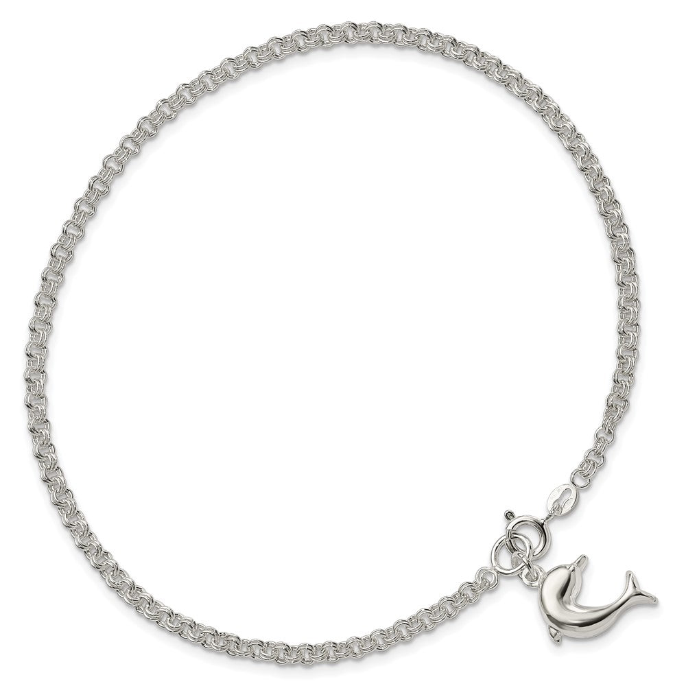 Sterlingsilber 10inch Hohl Poliert 3-d Delfin Fußkettchen