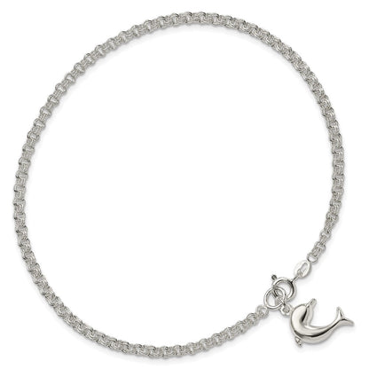 Sterlingsilber 10inch Hohl Poliert 3-d Delfin Fußkettchen