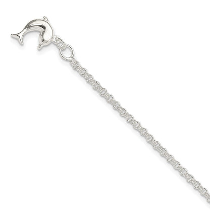 Sterlingsilber 9inch Hohl Poliert 3-d Delfin Fußkettchen