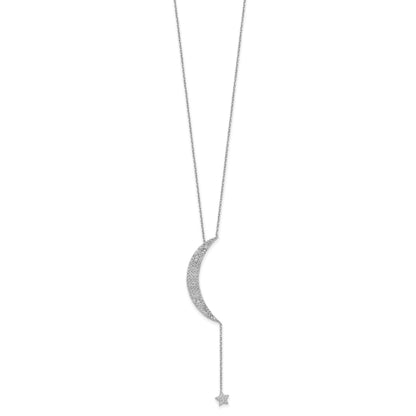 Sterlingsilber Rhodiniert Zirkonia Mond und Stern mit 2 Zoll Verlängerung. Halskette