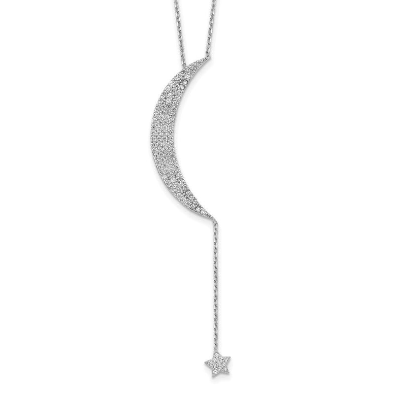 Sterlingsilber Rhodiniert Zirkonia Mond und Stern mit 2 Zoll Verlängerung. Halskette