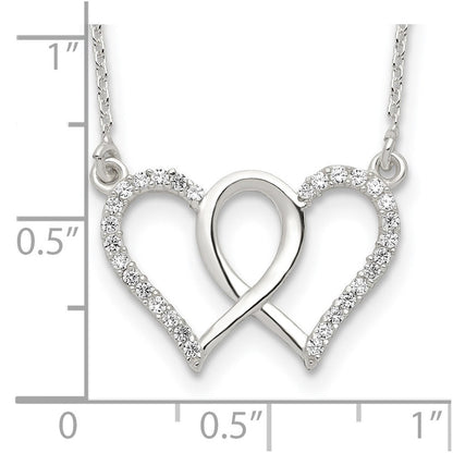 Sterlingsilber Poliert Interconnected Zirkonia Doppelt Herzen 18 Zoll Halskette