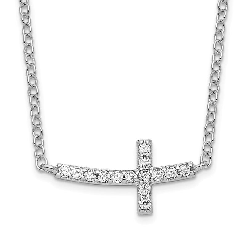 Sterlingsilber Rhodiniert Zirkonia Seitlich Kreuz 16 Zoll Halskette mit 2 Verlängerung