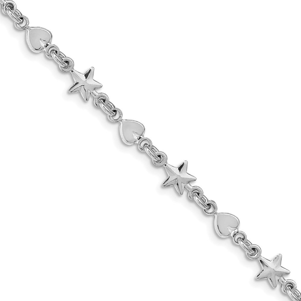7.5 Zoll Sterlingsilber Rhodiniert Stern und Herz Armband