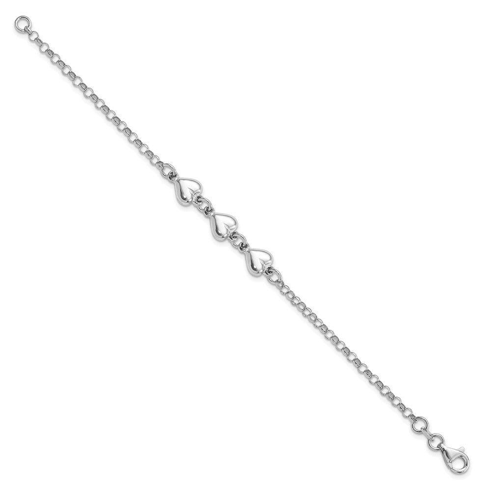 7 Zoll Sterlingsilber Rhodiniert Poliert Dreifach Herz Charm Armband
