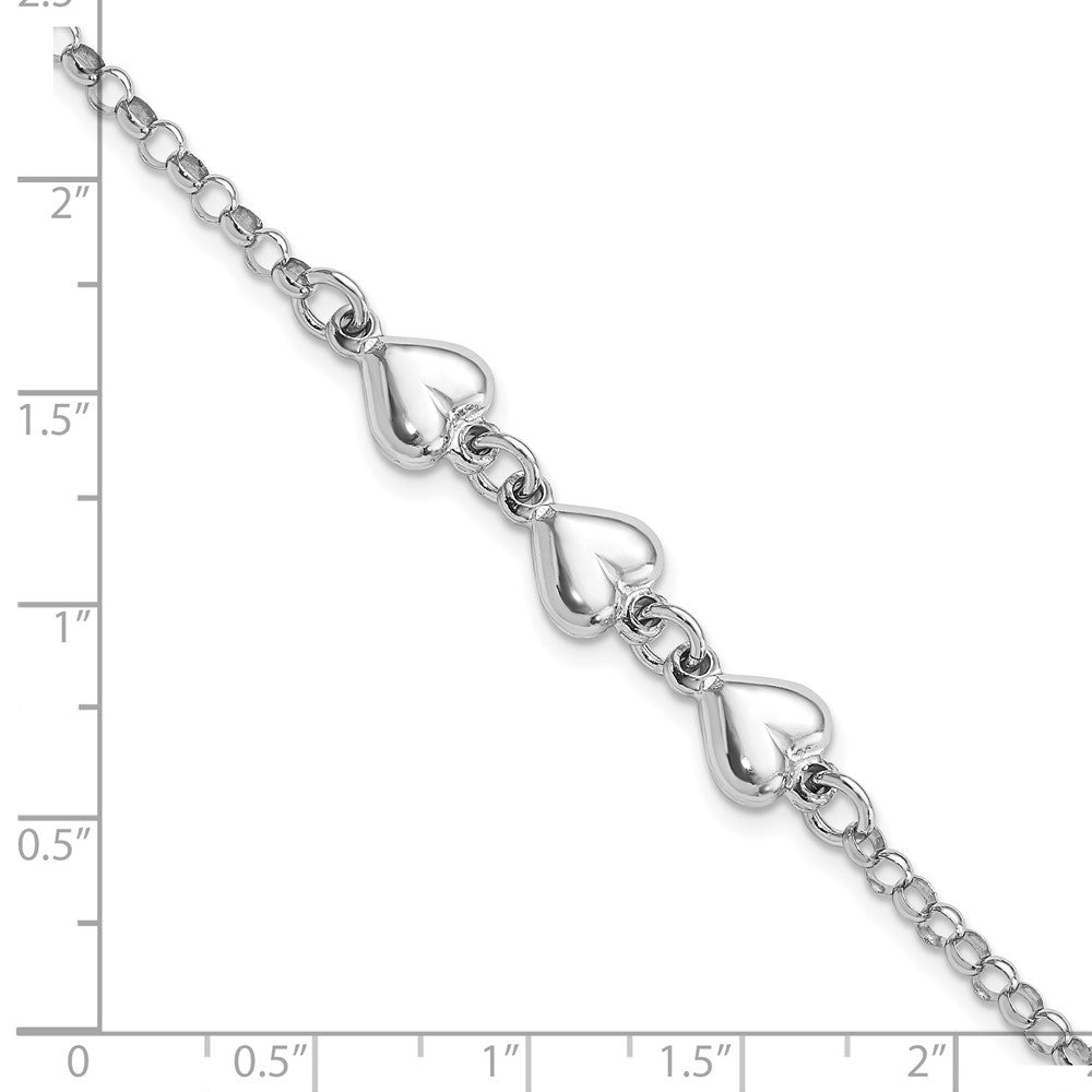 7 Zoll Sterlingsilber Rhodiniert Poliert Dreifach Herz Charm Armband