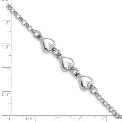7 Zoll Sterlingsilber Rhodiniert Poliert Dreifach Herz Charm Armband