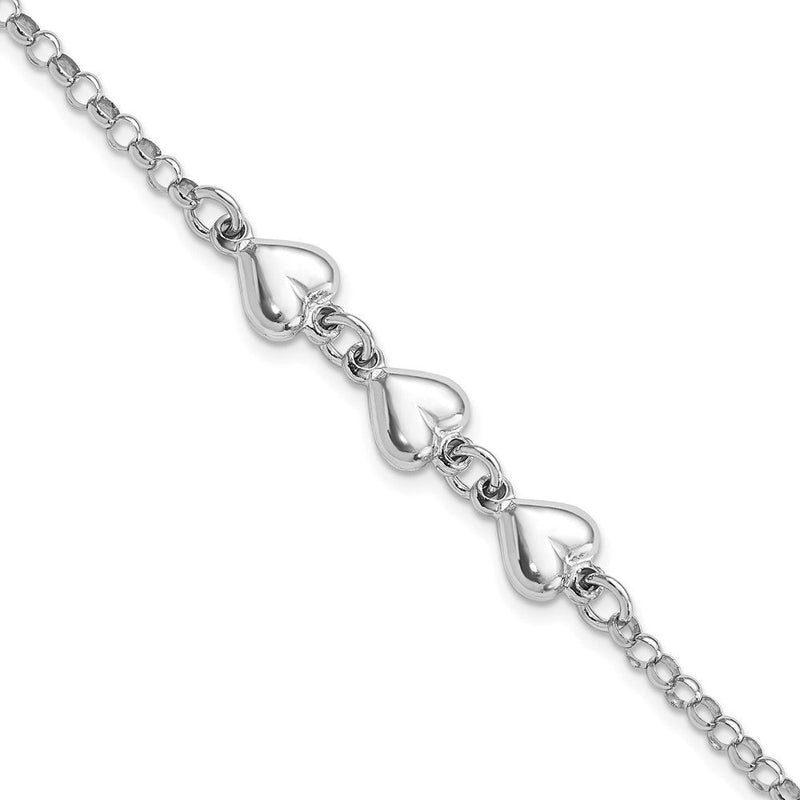 7 Zoll Sterlingsilber Rhodiniert Poliert Dreifach Herz Charm Armband