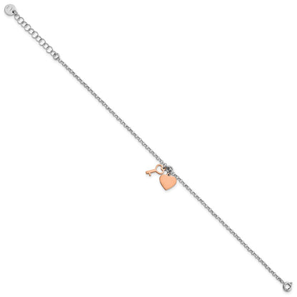 8 Zoll Sterlingsilber Rhodium Roséfarben Herz & Key mit 1.5 Zoll Verlängerung. Armband