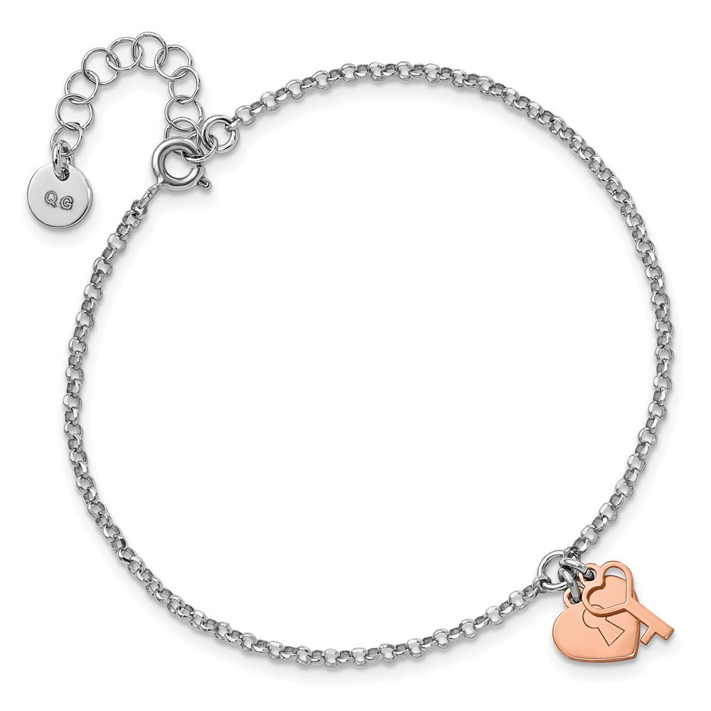 8 Zoll Sterlingsilber Rhodium Roséfarben Herz & Key mit 1.5 Zoll Verlängerung. Armband