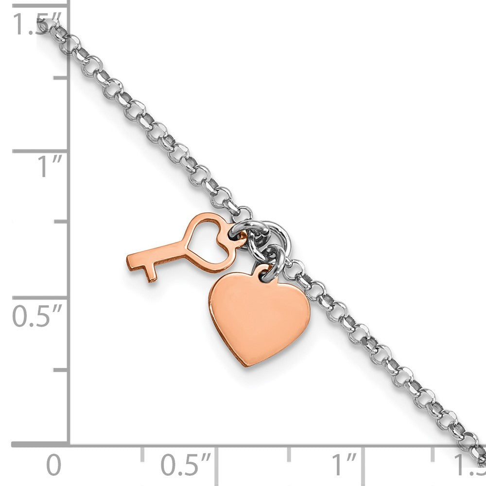 8 Zoll Sterlingsilber Rhodium Roséfarben Herz & Key mit 1.5 Zoll Verlängerung. Armband