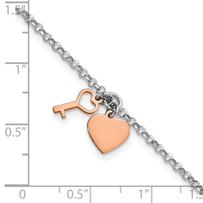 8 Zoll Sterlingsilber Rhodium Roséfarben Herz & Key mit 1.5 Zoll Verlängerung. Armband