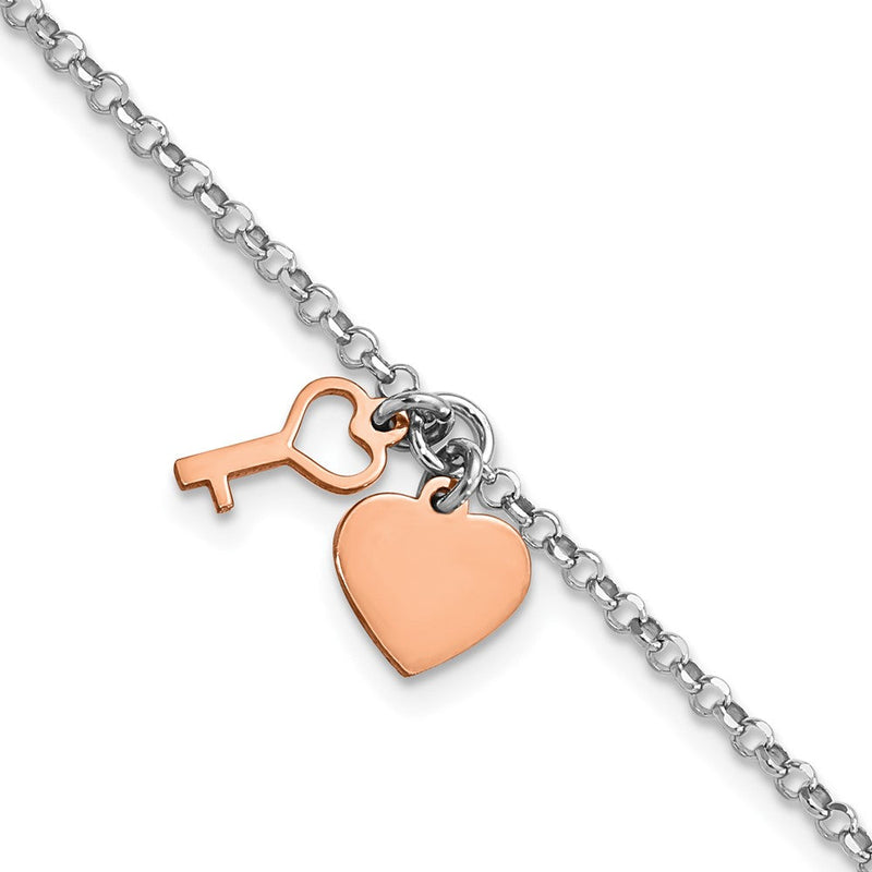 8 Zoll Sterlingsilber Rhodium Roséfarben Herz & Key mit 1.5 Zoll Verlängerung. Armband