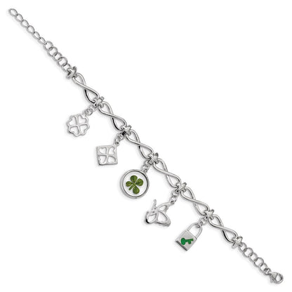 6 Zoll Sterlingsilber Platin. Beschichtet Klee Epoxid Emaille mit 1.5 Verlängerung. Armband