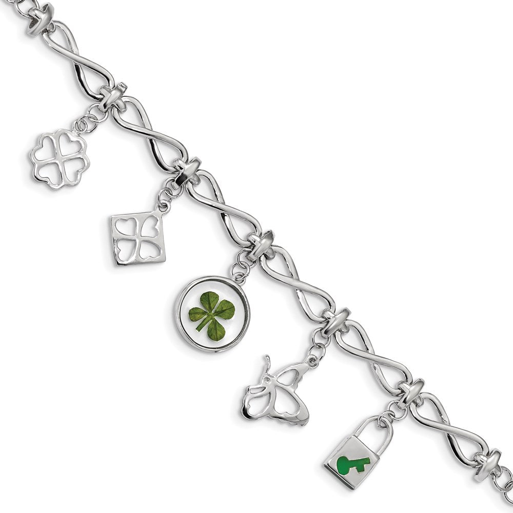 6 Zoll Sterlingsilber Platin. Beschichtet Klee Epoxid Emaille mit 1.5 Verlängerung. Armband