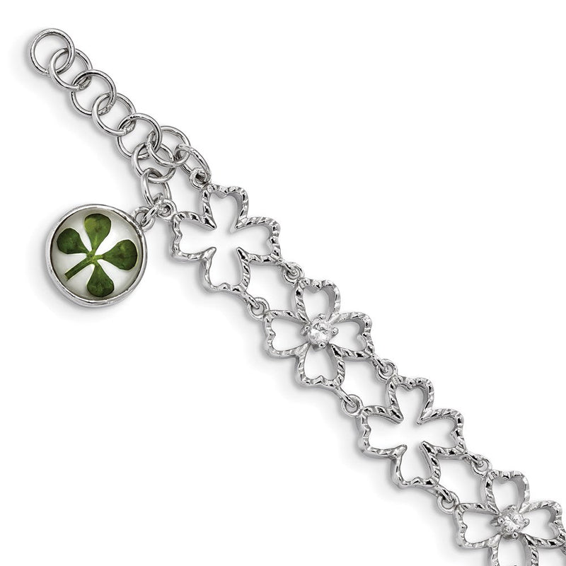 6.5 Zoll Sterlingsilber Platin. Beschichtet Klee Epoxid & Muschel Zirkonia.5 Verlängerung. Armband
