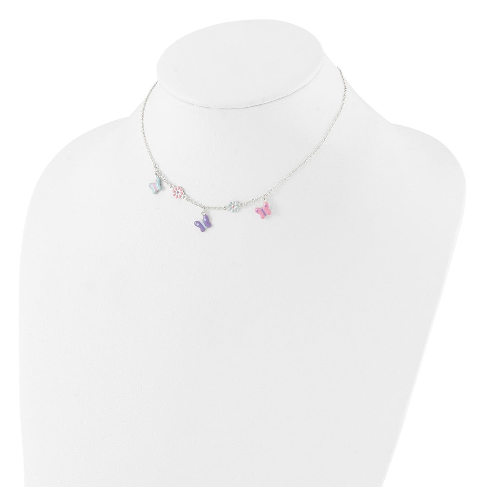 Sterlingsilber Poliert Emailliert Blumen & Schmetterling Kinder Halskette