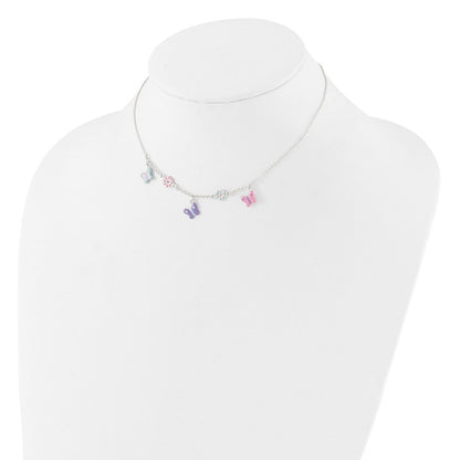 Sterlingsilber Poliert Emailliert Blumen & Schmetterling Kinder Halskette