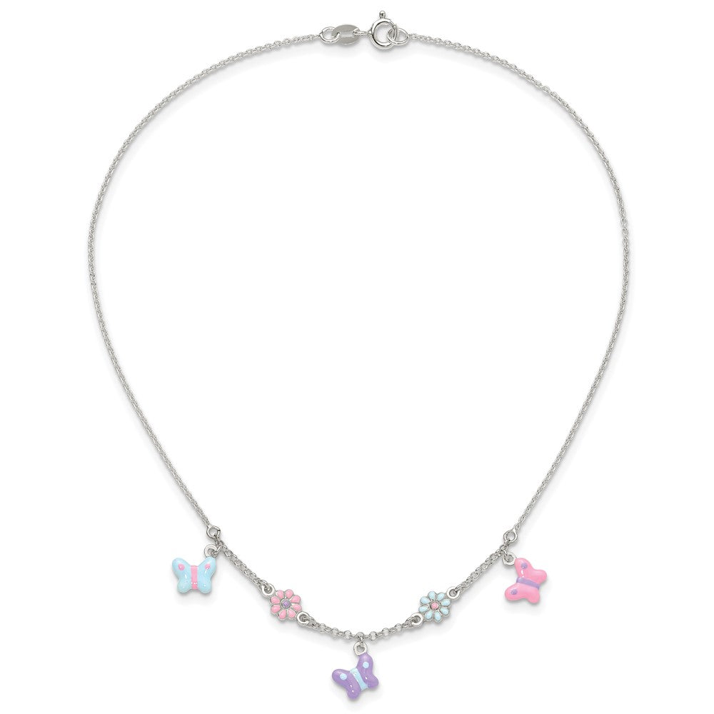 Sterlingsilber Poliert Emailliert Blumen & Schmetterling Kinder Halskette