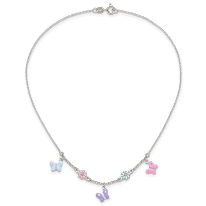 Sterlingsilber Poliert Emailliert Blumen & Schmetterling Kinder Halskette