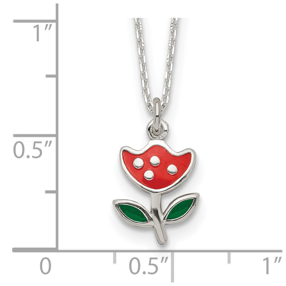 Sterlingsilber Poliert Rot & Grün Emailliert Blume Kinder Halskette