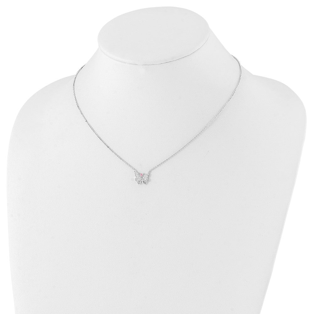 Sterlingsilber Rhodiniert Rosa & Klar Zirkonia Schmetterling mit 1.5 Zoll Verlängerung. Halskette