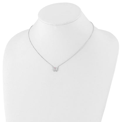 Sterlingsilber Rhodiniert Rosa & Klar Zirkonia Schmetterling mit 1.5 Zoll Verlängerung. Halskette
