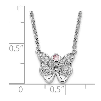 Sterlingsilber Rhodiniert Rosa & Klar Zirkonia Schmetterling mit 1.5 Zoll Verlängerung. Halskette