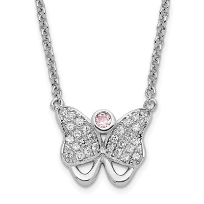 Sterlingsilber Rhodiniert Rosa & Klar Zirkonia Schmetterling mit 1.5 Zoll Verlängerung. Halskette