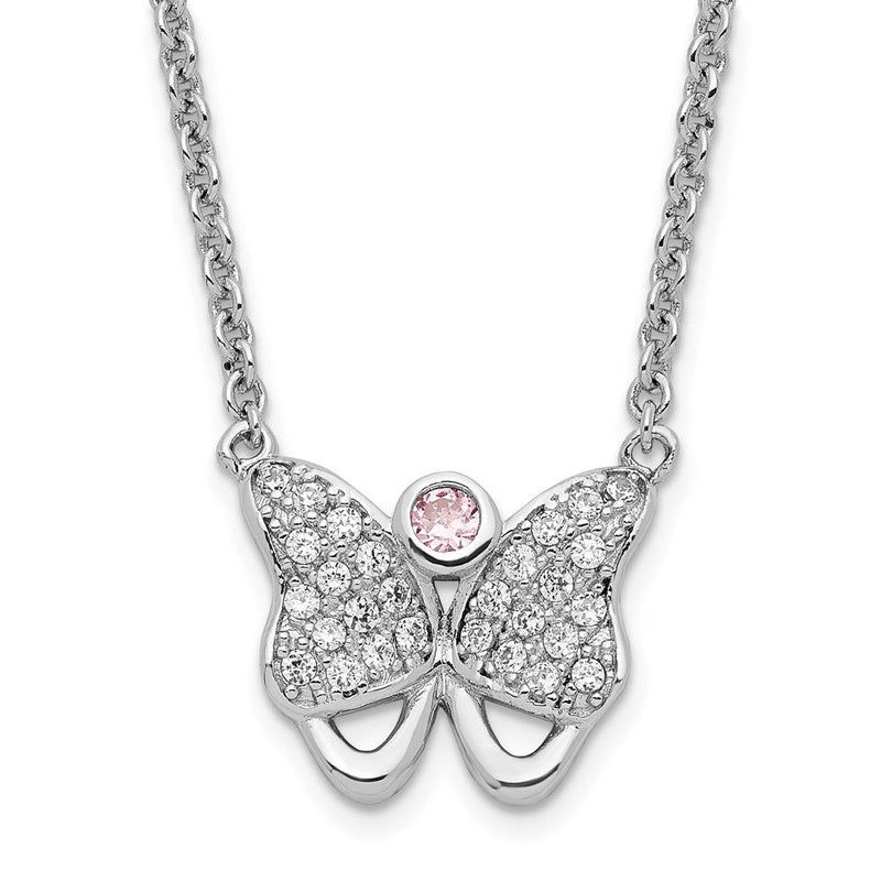 Sterlingsilber Rhodiniert Rosa & Klar Zirkonia Schmetterling mit 1.5 Zoll Verlängerung. Halskette