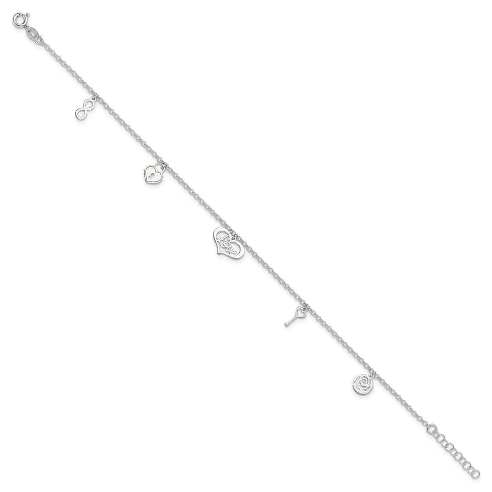 Sterlingsilber Liebe Themed Dangles 9 Zoll Plus 1 Zoll Verlängerung. Fußkettchen