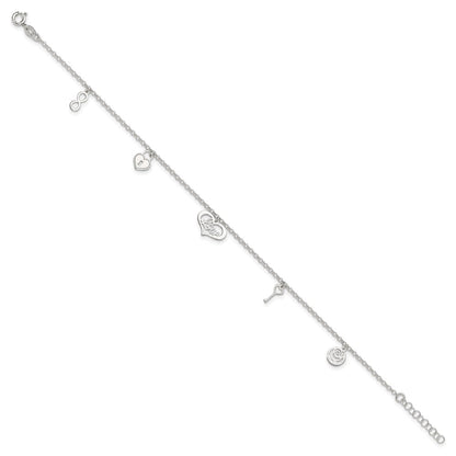 Sterlingsilber Liebe Themed Dangles 9 Zoll Plus 1 Zoll Verlängerung. Fußkettchen