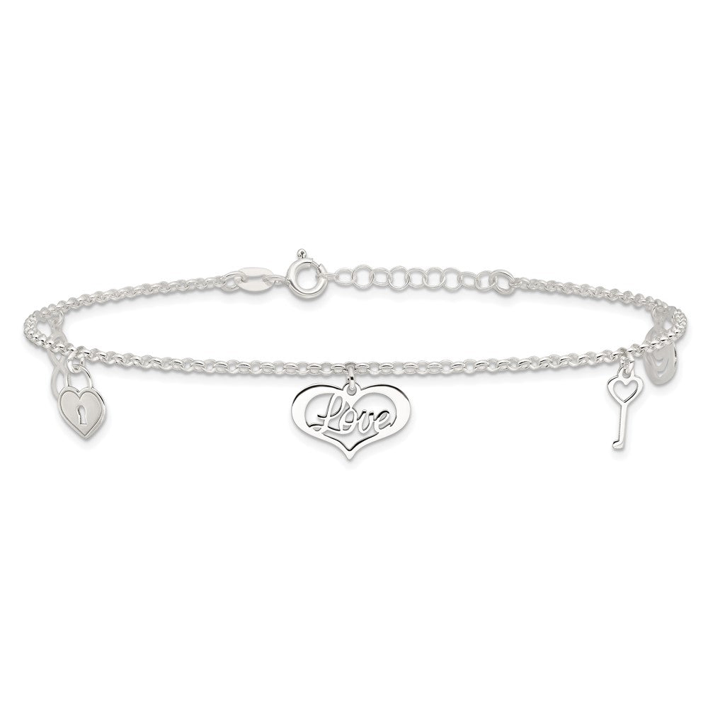 Sterlingsilber Liebe Themed Dangles 9 Zoll Plus 1 Zoll Verlängerung. Fußkettchen